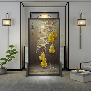 新中式入户门五福临门屏风隔断客餐厅酒店大堂可移动装饰乔其纱