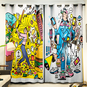 ins风动漫涂鸦插画全遮光隔热窗帘学生宿舍卧室防尘免打孔隔断帘