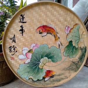 手绘簸箕画墙壁画竹编制品春夏秋冬挂件火锅农家乐田园风装饰包邮