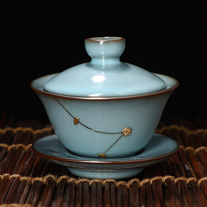 官窑三才盖碗茶杯单个高端中式家用功夫泡茶碗不烫手锔钉陶瓷茶具