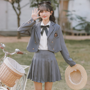 英伦学院风jk制服套装纯欲少女小个子短款小西装衬衫百褶裙三件套