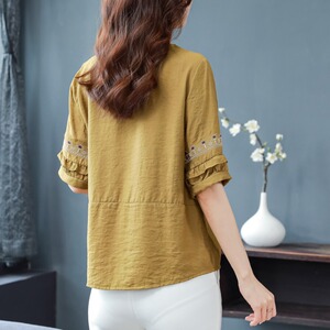 纯亚麻苎麻女装短袖t恤女半袖棉麻上衣女夏妈妈遮肚显瘦小衫衬衣