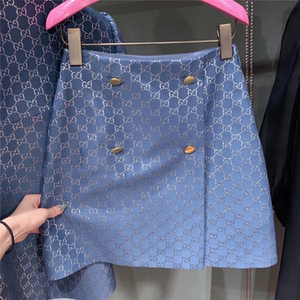 代购gucci/古奇 20夏新款蓝色双排扣提花满logo高腰女半身裙短裙