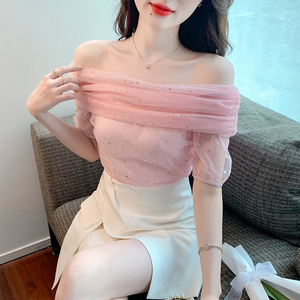 性感一字肩网纱女超仙气质小衫2022夏季新款设计感小众雪纺衫上衣