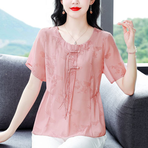 2024夏季新款天丝麻短袖衬衫女新中式国风洋气减龄宽松遮肚子上衣