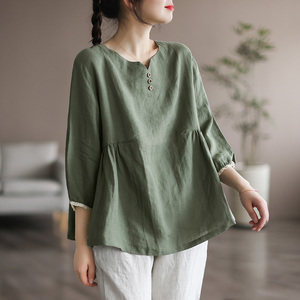 文艺复古黄麻七分袖t恤女夏季薄款宽松大码休闲v领纯色短款女上衣