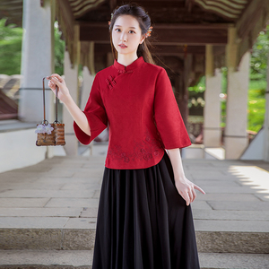 中式红色复古改良旗袍茶艺服套装唐装新款民族风禅意上衣茶服女装