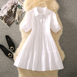 polo衬衣领初恋白色连衣裙少女夏矮小个子娃娃衫宽松泡泡袖衬衫裙