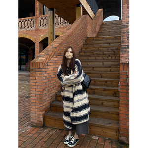 韩版复古条纹加厚保暖长袖毛衣外套女冬季宽松显瘦长款开衫上衣潮
