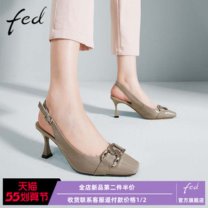 女鞋新款漆皮金属扣黑色百搭通勤凉鞋方头高跟鞋女325-zf176fed旗舰