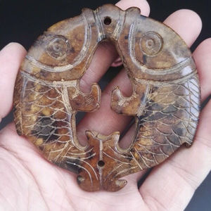 老岫玉做旧仿古玩玉器高古玉老物件战汉把件吊坠玉佩摆件双鱼收藏