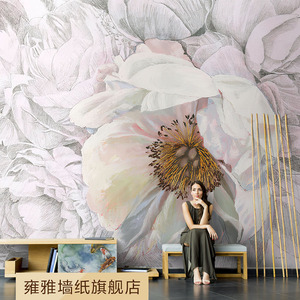 北欧手绘玫瑰花卉壁纸走道客厅电视背景墙布无缝沙发定制壁纸壁画