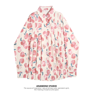 ANAMONE 法式水蜜桃衬衫女秋长袖设计感小众皱褶宽松日系甜美上衣