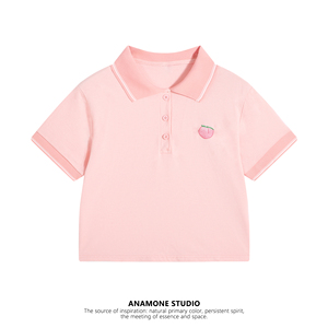 ANAMONE 粉色美式T恤女夏季水蜜桃刺绣POLO领短袖甜辣风短款上衣