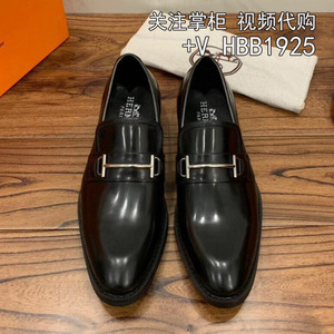 正品代购hermes/爱马仕香港代购男鞋休闲尖头黑色德比鞋正装皮鞋