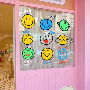 笑脸网红店创意玻璃门贴纸ins服装奶茶童装店铺橱窗静电贴画1人付款