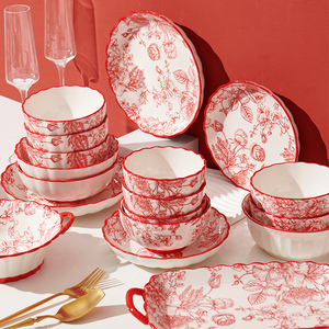 中国风碗碟套装家用礼盒送人新婚礼物结婚玫瑰红色碗筷盘餐具套装