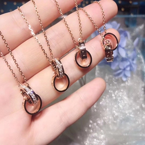 双环项链18k玫瑰金螺丝love大圆饼三钻吊坠卡地亚男女款