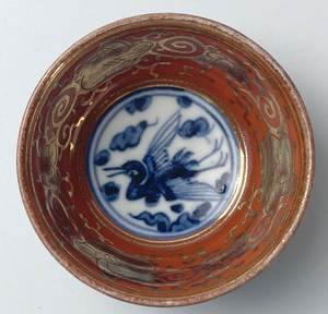 [获和]日本回流茶道具瓷器老永乐金底鸳鸯青花鹤手工拉胚杯盅茶