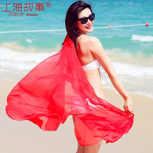 夏季大披肩防晒纱巾旅游拍照红色丝巾去海边玩的沙滩巾女大红披巾