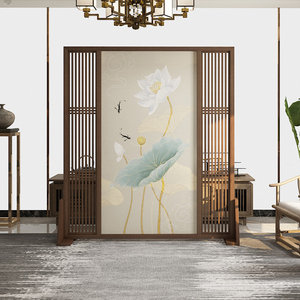 新中式荷花实木屏风隔断客厅移动遮挡家用酒店装饰办公室定制座屏