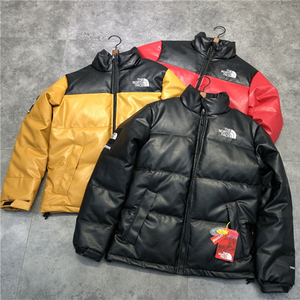 代购美版北面supreme联名羽绒服男女皮面短款黑色tnf情侣防水外套