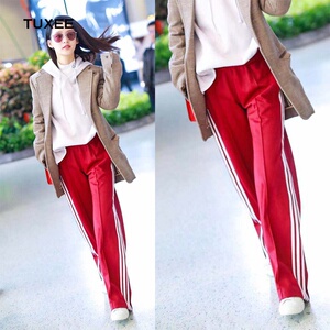 tuxee李沁明星同款红色运动裤女宽松校服阔腿裤高腰休闲长裤