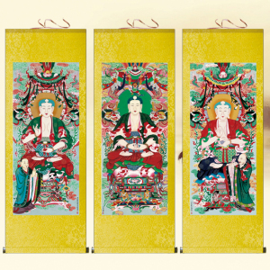 三方佛挂画三宝佛菩萨卷轴画道场佛像装饰画佛法僧画像丝绸画订做