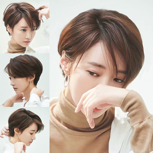 假发女短发自然真发全真人发2021年新款时尚全头套中分发型假发套