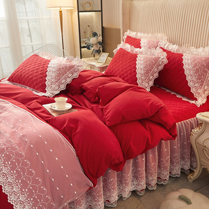 韩式公主风磨毛夹棉床裙大红色四件套加厚床罩蕾丝花边被套2x2.3m