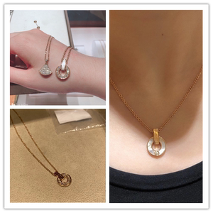 bvlgari/宝格丽20新款18k玫瑰金镶钻圆形吊坠 镂空铜钱圆环项链女