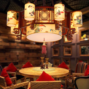 中式实木吊灯客厅餐厅茶楼饭店包厢酒店大堂火锅店羊皮古典灯具