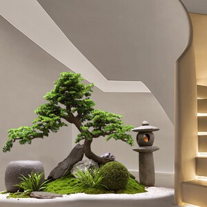 仿真迎客松楼梯下造景组合大型罗汉松树室内绿植景观假树仿真树