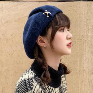 方脸适合的帽子贝雷帽女春秋冬季毛呢遮阳ins韩版百搭复古画家帽