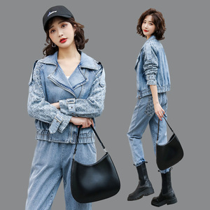休闲时尚牛仔套装女2021年春装新款洋气减龄缩脚裤早春工装两件套