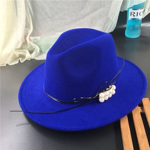 克莱因蓝礼帽毛呢礼帽英伦帽子女士大沿复古宝蓝色毛毡帽休闲爵士