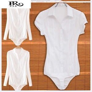 制服弹力女士连裆职业女装黑白甜美连体衬衣连档女衬衫办公室职场