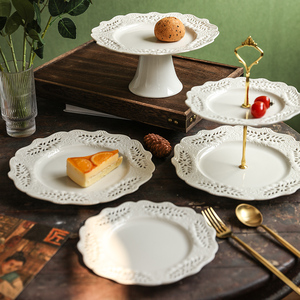 法式镂空浮雕盘西餐盘陶瓷复古下午茶餐具甜品盘家用意面牛排盘子