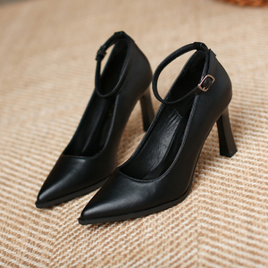 百丽真皮粗跟一字扣带高跟鞋女旗袍走秀防水台中跟黑色职业工作单