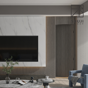 电视背景墙岩板瓷砖大理石轻奢悬空电视墙隐形门地台格栅定制墙板