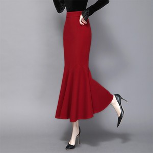 秋冬毛呢裙子女高腰垂感显瘦鱼尾裙半身裙气质红色修身包臀裙长裙