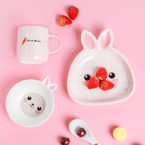 卡通学生儿童餐具可爱兔子碗盘陶瓷粉色女孩餐盘饭碗马克杯嘟嘟兔
