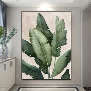 纯手绘油画芭蕉叶玄关装饰画现代简约客厅背景墙抽象绿植餐厅挂画