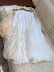 高级感蕾丝边刺绣半身裙女2024夏季新款法式小香风网纱白色长裙女