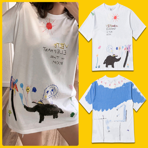 vtm明星黄宗泽同款白色t恤时尚潮牌个性涂鸦太阳大象男女情侣上衣
