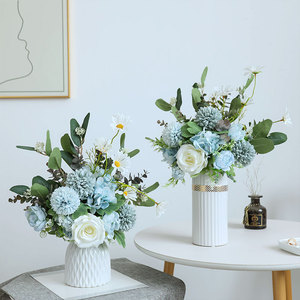 韩式法式蓝色假花仿真花束摆设高档轻奢玫瑰花桌面客厅装饰干花艺