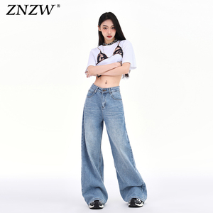 ZNZW低腰牛仔裤女款2024新款夏季美式复古长裤垂坠感直筒阔腿裤女