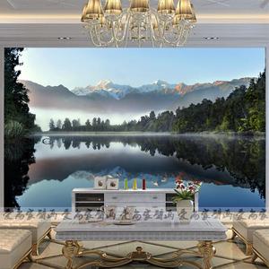 3d大型山水风景背景墙壁画雪山远景湖泊树林电视无缝墙纸家用的