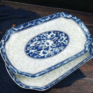 奥玥青花瓷鱼盘陶瓷家用日式蒸鱼盘子装鱼盛鱼的长方形大号12寸景