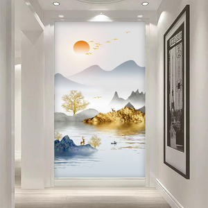 入户玄关装饰画走廊竖版过道进门墙布现代简约新中式客厅壁画壁纸